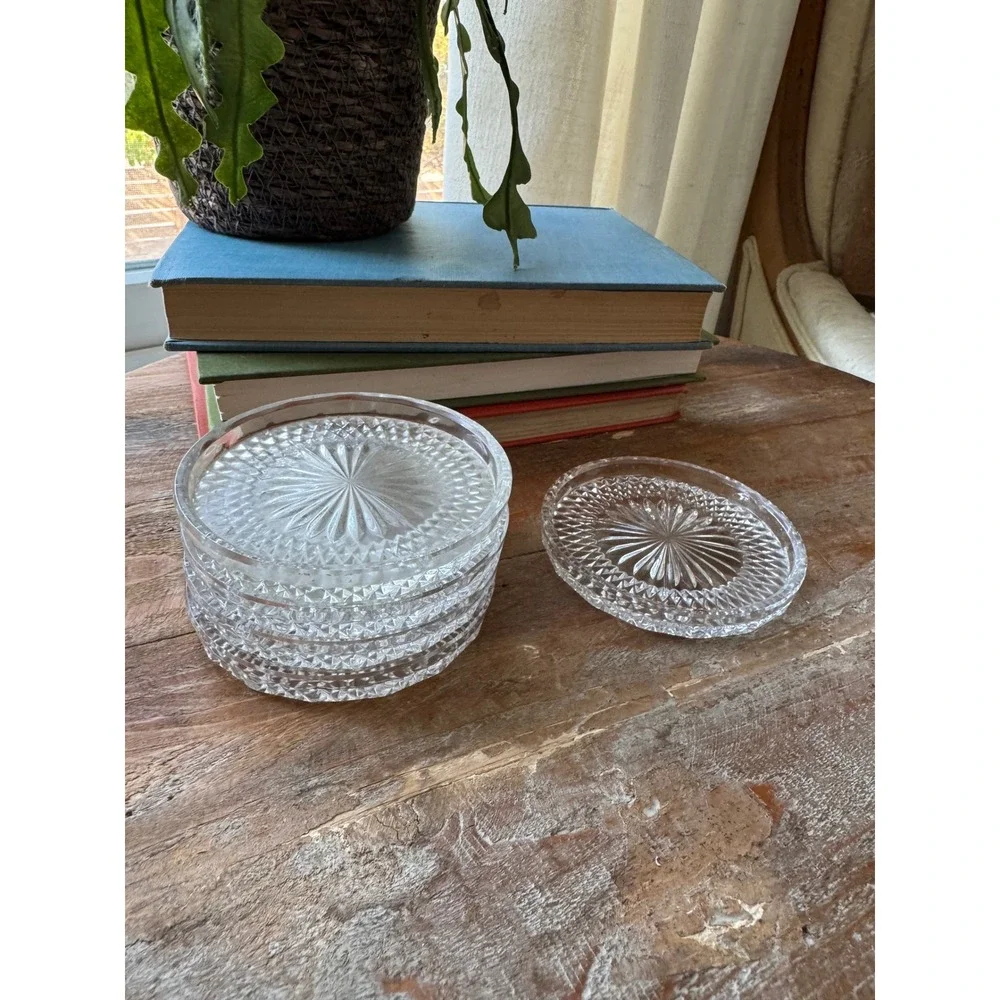 Vintage Set of 5 Clear Pressed Glass Coasters Sunburst Diamond Point 3 Inch